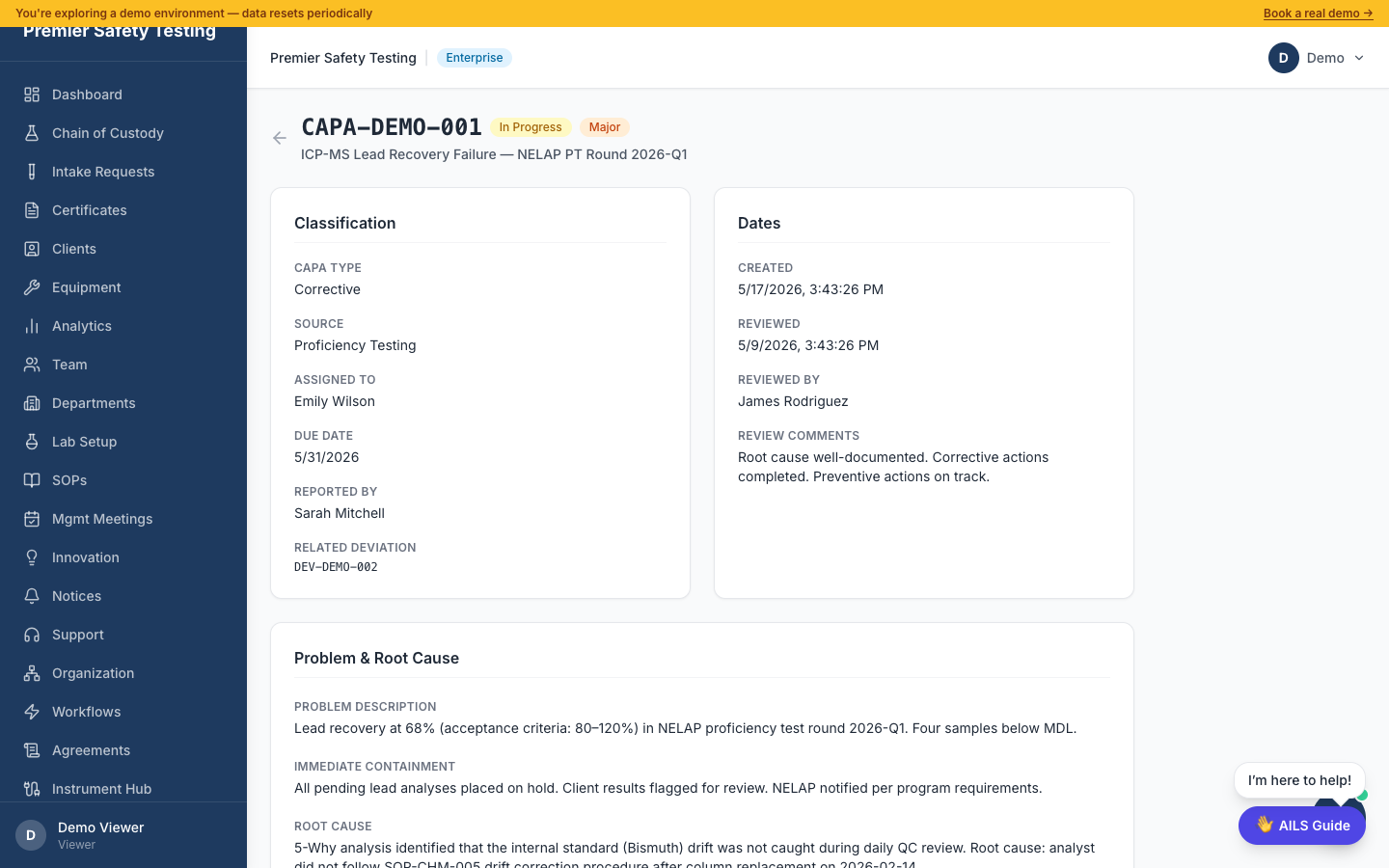 CAPA detail — root cause analysis, corrective actions, fishbone diagram, and effectiveness check