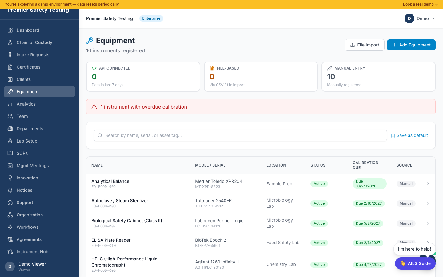 Equipment Register — calibration status, next calibration dates, and integration method badges