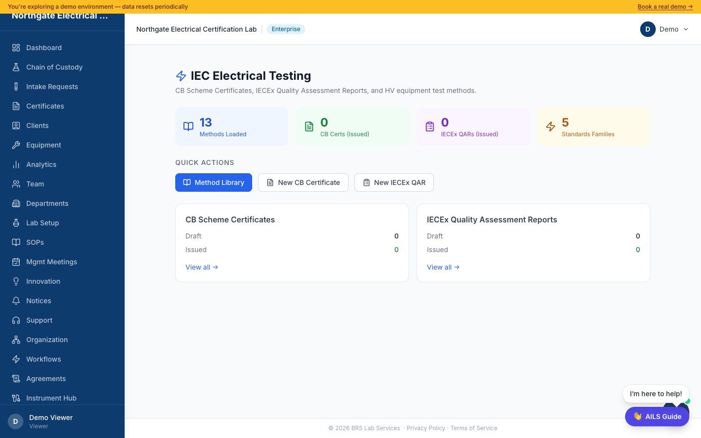 IEC Testing Dashboard — 13 Methods Loaded, Standards Families, CB Certs, and IECEx QARs overview