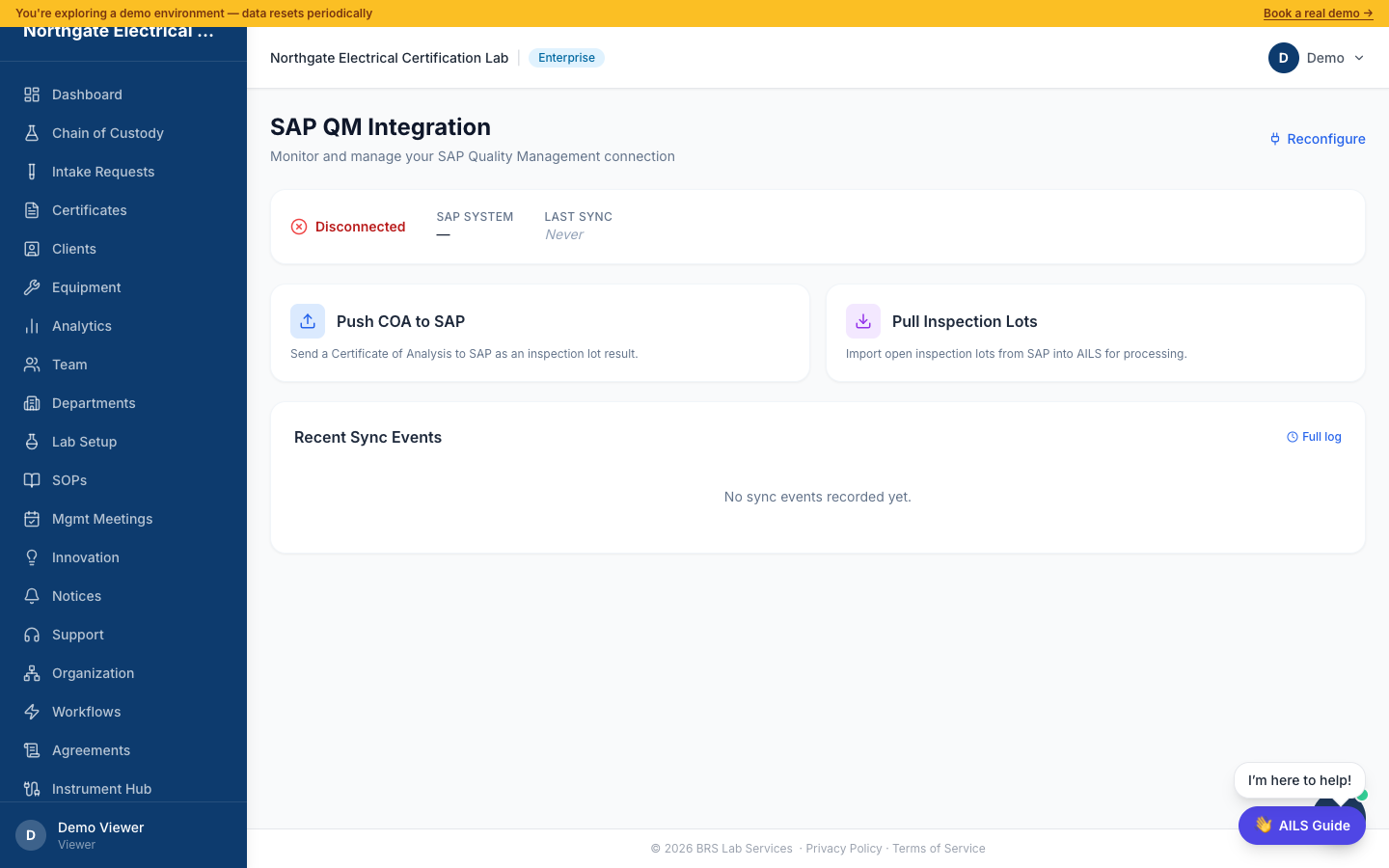 SAP QM Integration settings — AI-guided setup, connection testing, inspection lot mapping, and COA push configuration