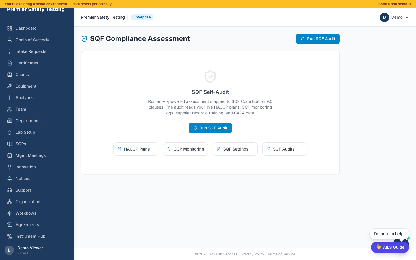 SQF Compliance Assessment — Run SQF Audit with HACCP Plans, CCP Monitoring, SQF Settings, and SQF Audits tabs